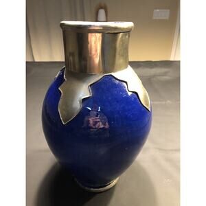 Moroccan Royal Blue Painted Terra Cotta Vase 12” Silver Tone Metal